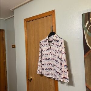 Express "Portofino Shirt" Small w/Palm Tree Print Long Sleeve Button-Front Top